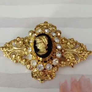 Cameo Gold and Black Brooch with Crystal Accents